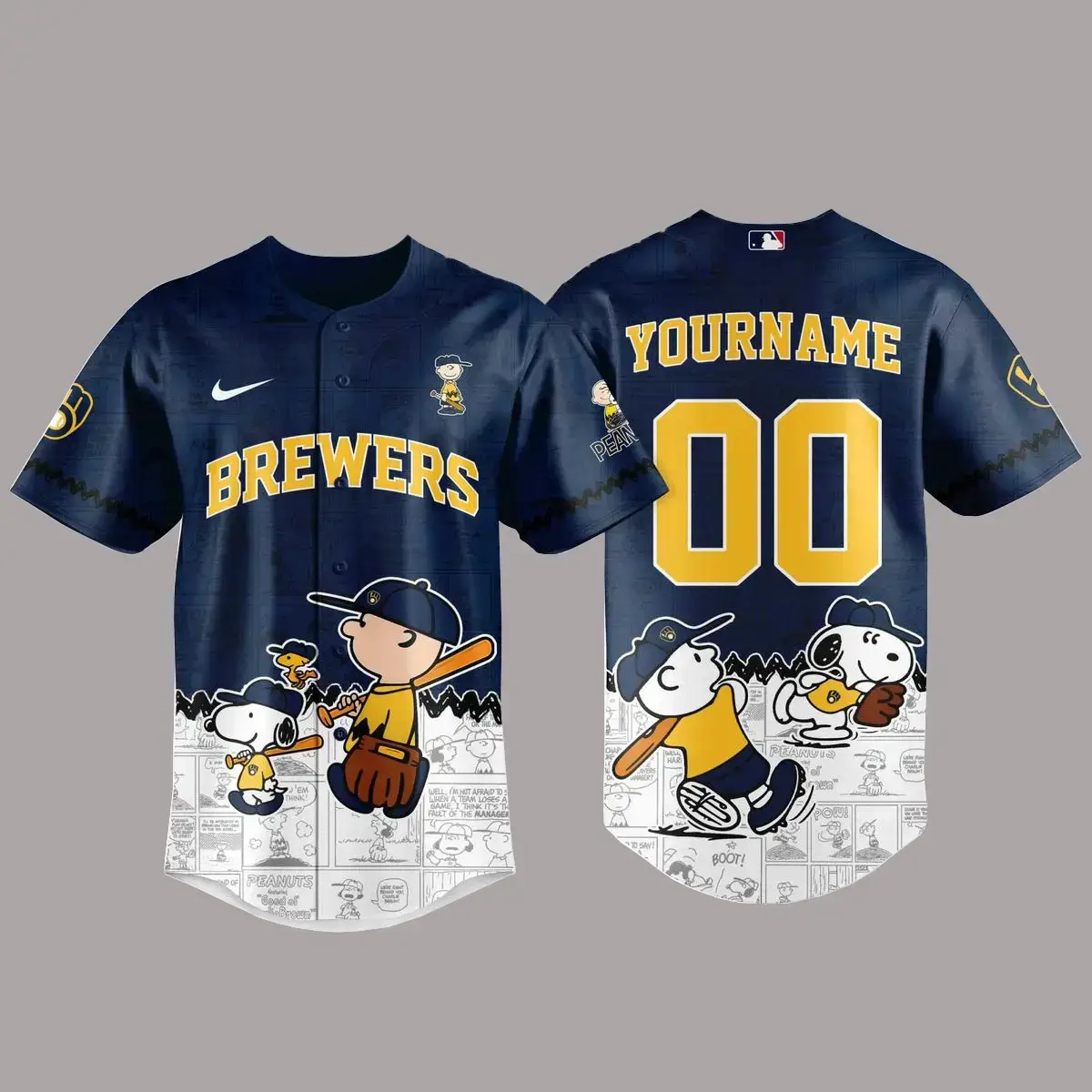 Milwaukee Brewers x Peanuts Night 2026 Personalized Name and Number Baseball Jersey Image