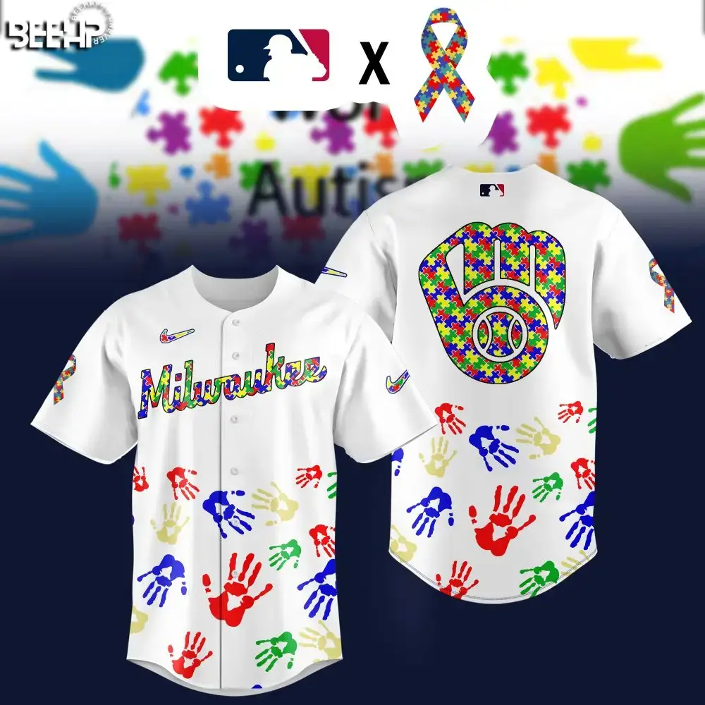 Milwaukee Mlb Autism Awareness Jersey – Colorful Puzzle & Handprint Design Image
