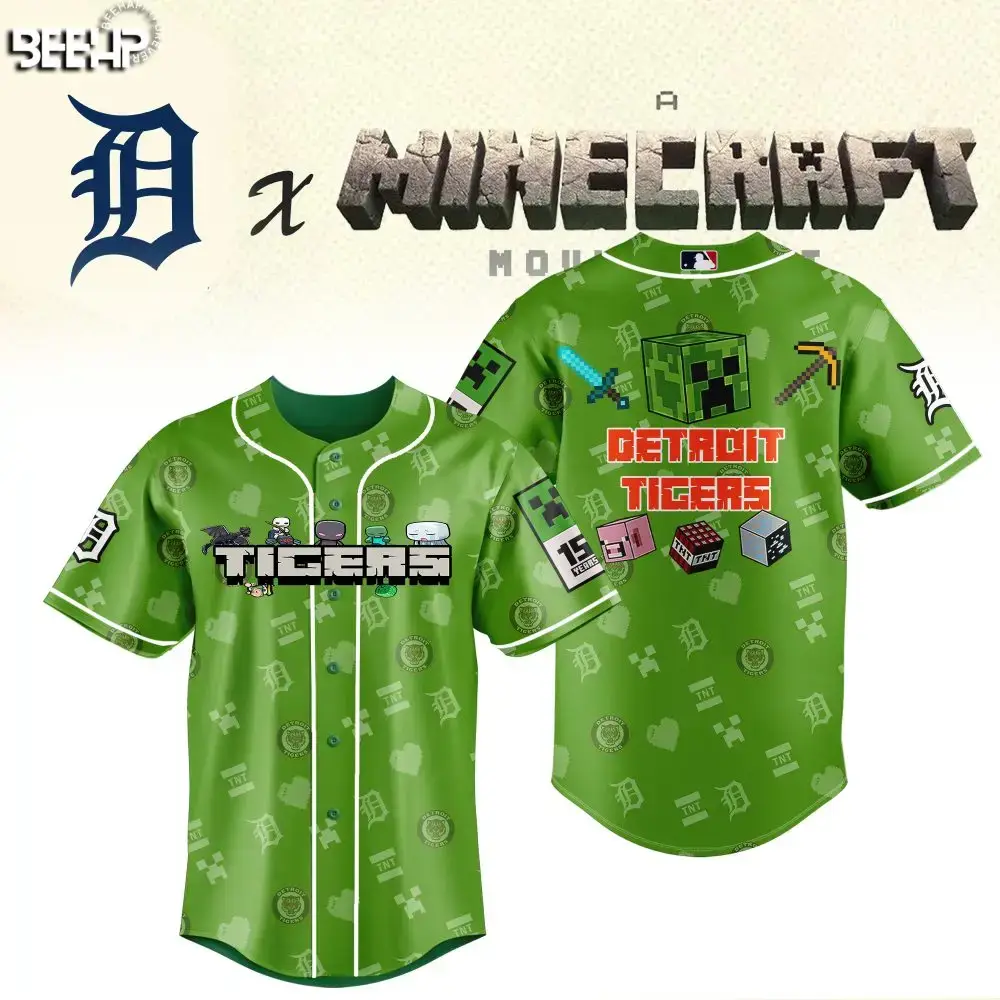 Minecraft X Detroit Tigers Green Baseball Jersey - Limited Edition Fan Gear Image