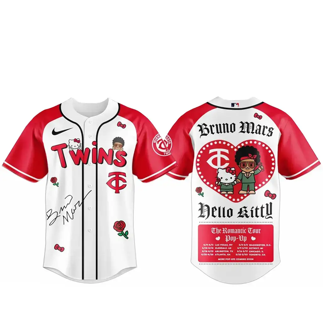 Minnesota Twins Bruno Mars x Hello Kitty 2026 The Romantic Tour Baseball Jersey Image