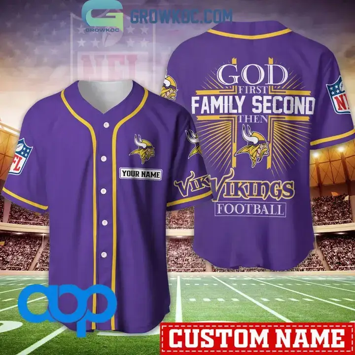 Minnesota Vikings NFL Personalized God First Family Second Baseball Jersey Image