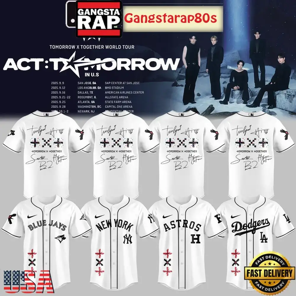 MLB All Team x TXT Tomorrow X Together Tour 2025 White Baseball Jersey Shirt Image