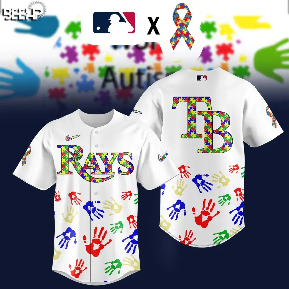 Mlb Autism Awareness Tampa Bay Rays Jersey - Vibrant Puzzle Print & Handprints Image