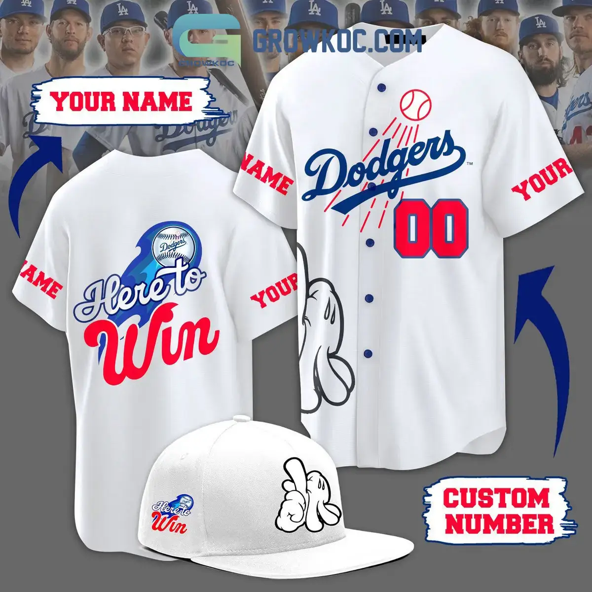 MLB Dodgers Here To Win White Design Personalized Baseball Jersey Image