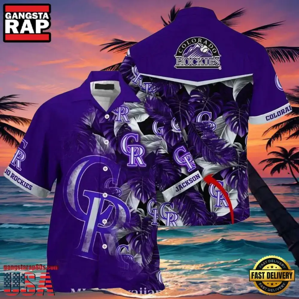 MLB Rockies Customizable Name Purple Leaves Hot Summer Hawaiian Shirt Image