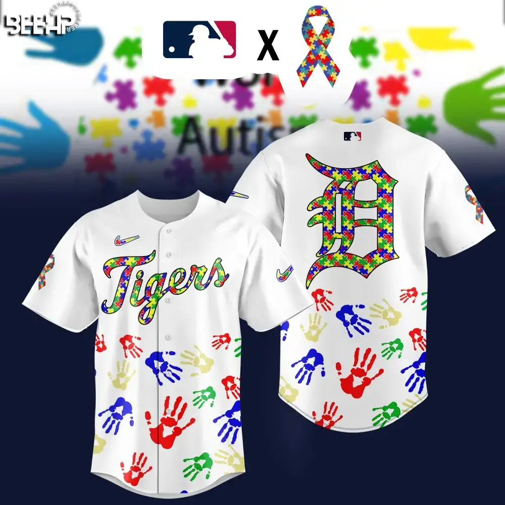 Mlb Tigers Autism Awareness Jersey – Colorful Puzzle & Handprint Design Image