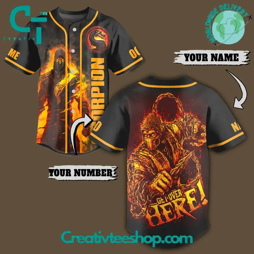 Mortal Kombat Scorpion Get Over Here Baseball Jersey Image