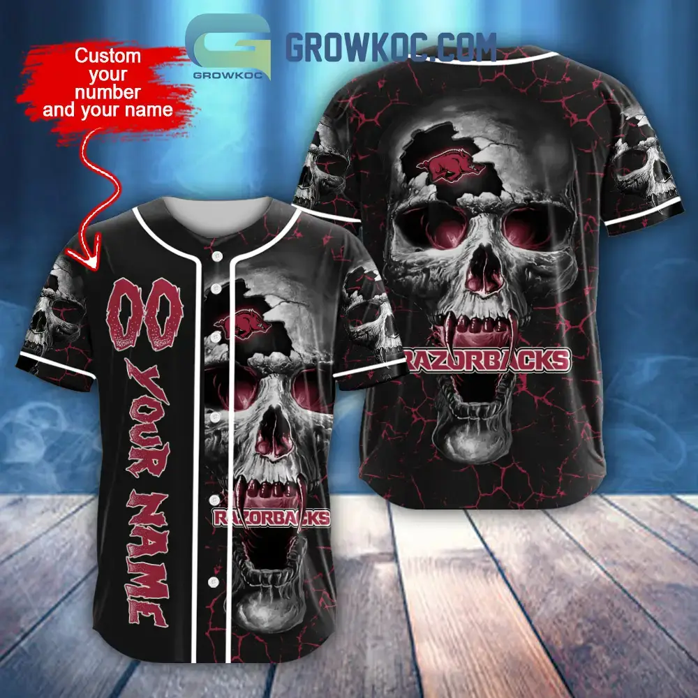 NCAA Arkansas Razorbacks Personalized Skull Design Baseball Jersey Image