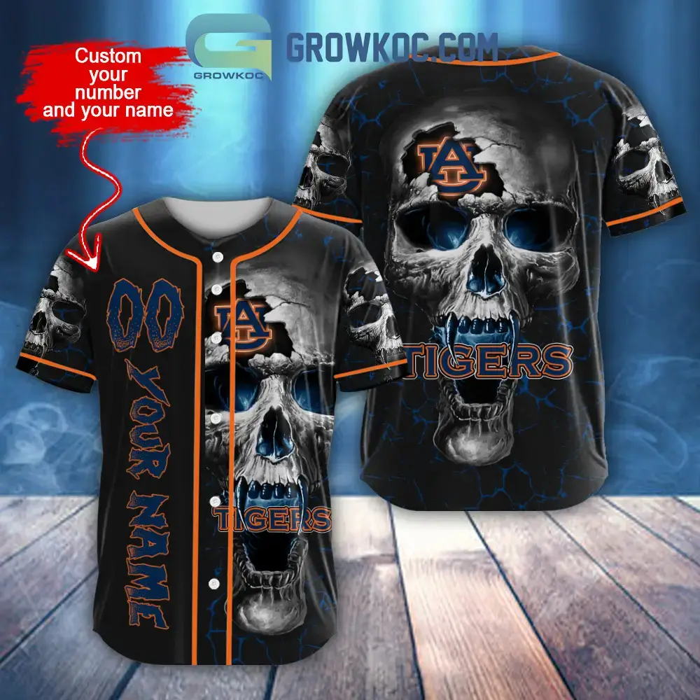 NCAA Auburn Tigers Personalized Skull Design Baseball Jersey Image