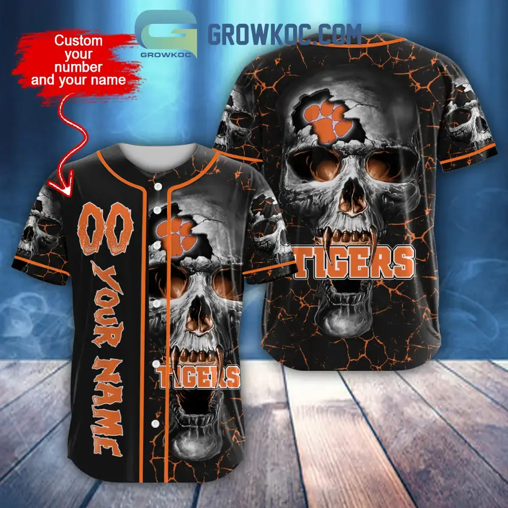 NCAA Clemson Tigers Personalized Skull Design Baseball Jersey Image