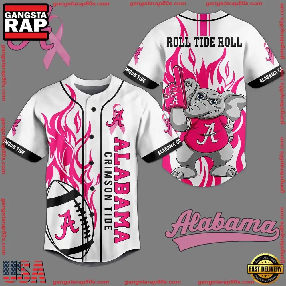 NCAA Custom Name Alabama Crimson Tide Breast Cancer Awareness White New Design Baseball Jersey Image