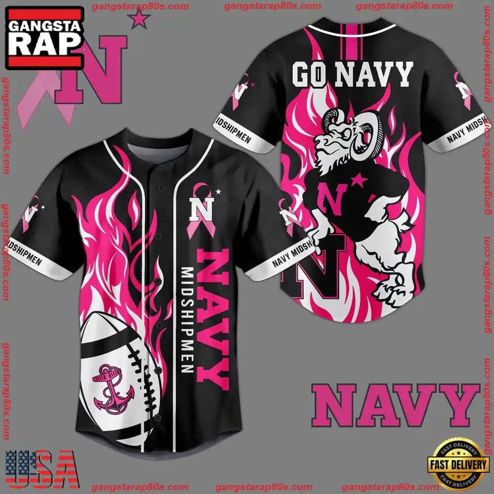 NCAA Custom Name Navy Midshipmen Breast Cancer Awareness Black New Design Baseball Jersey Image