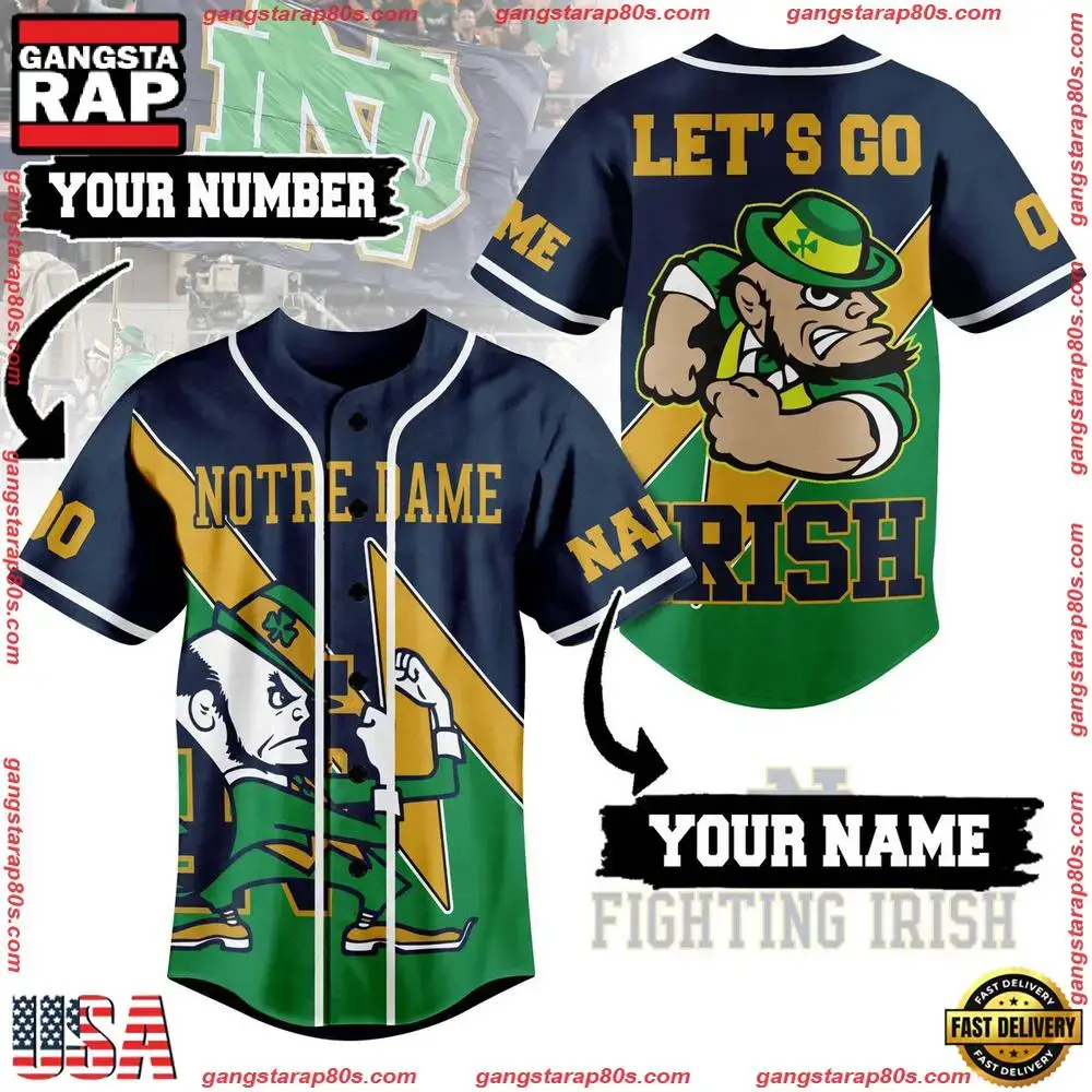 NCAA Custom Name Notre Dame Fighting Irish Let's Go Irish New Design Baseball Jersey Image
