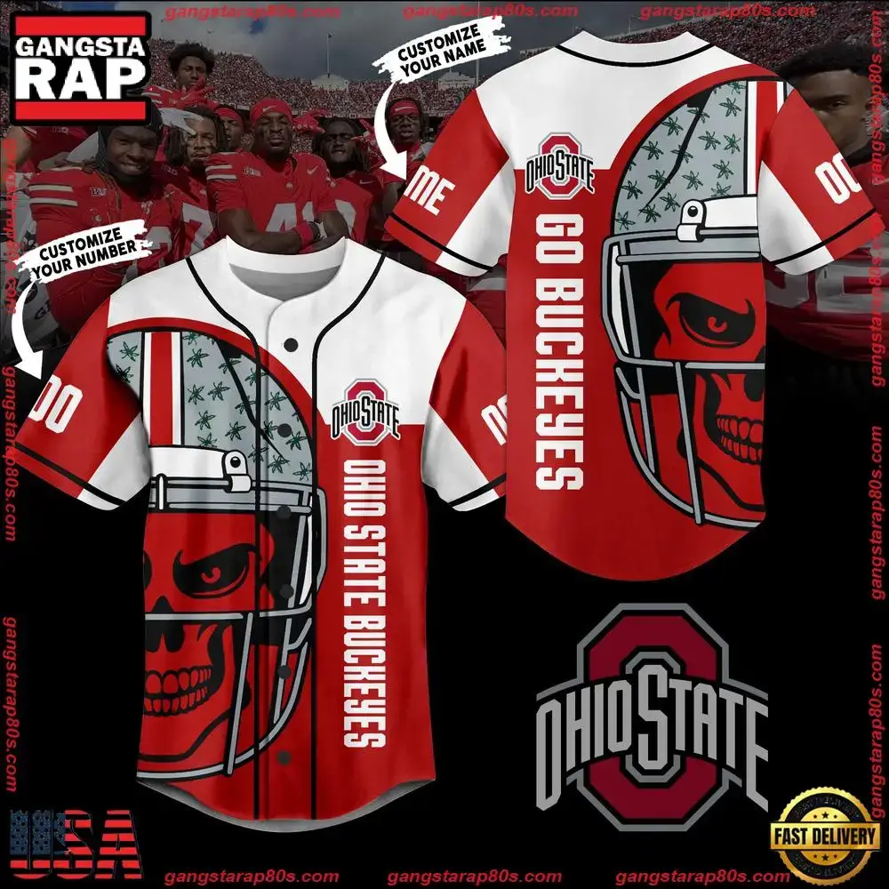 NCAA Custom Name Ohio State Buckeyes Skull Helmet New Design Baseball Jersey Image