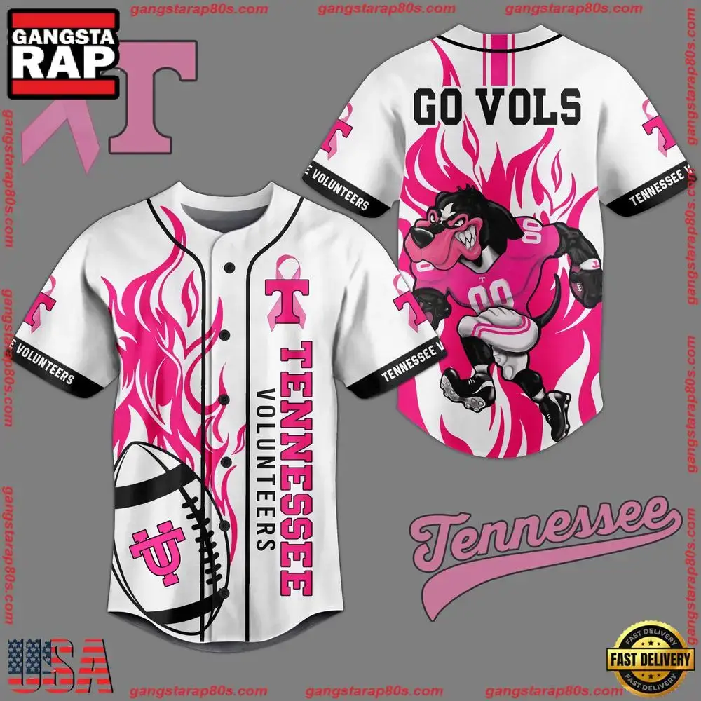 NCAA Custom Name Tennessee Volunteers Football Breast Cancer Awareness White New Design Baseball Jersey Image