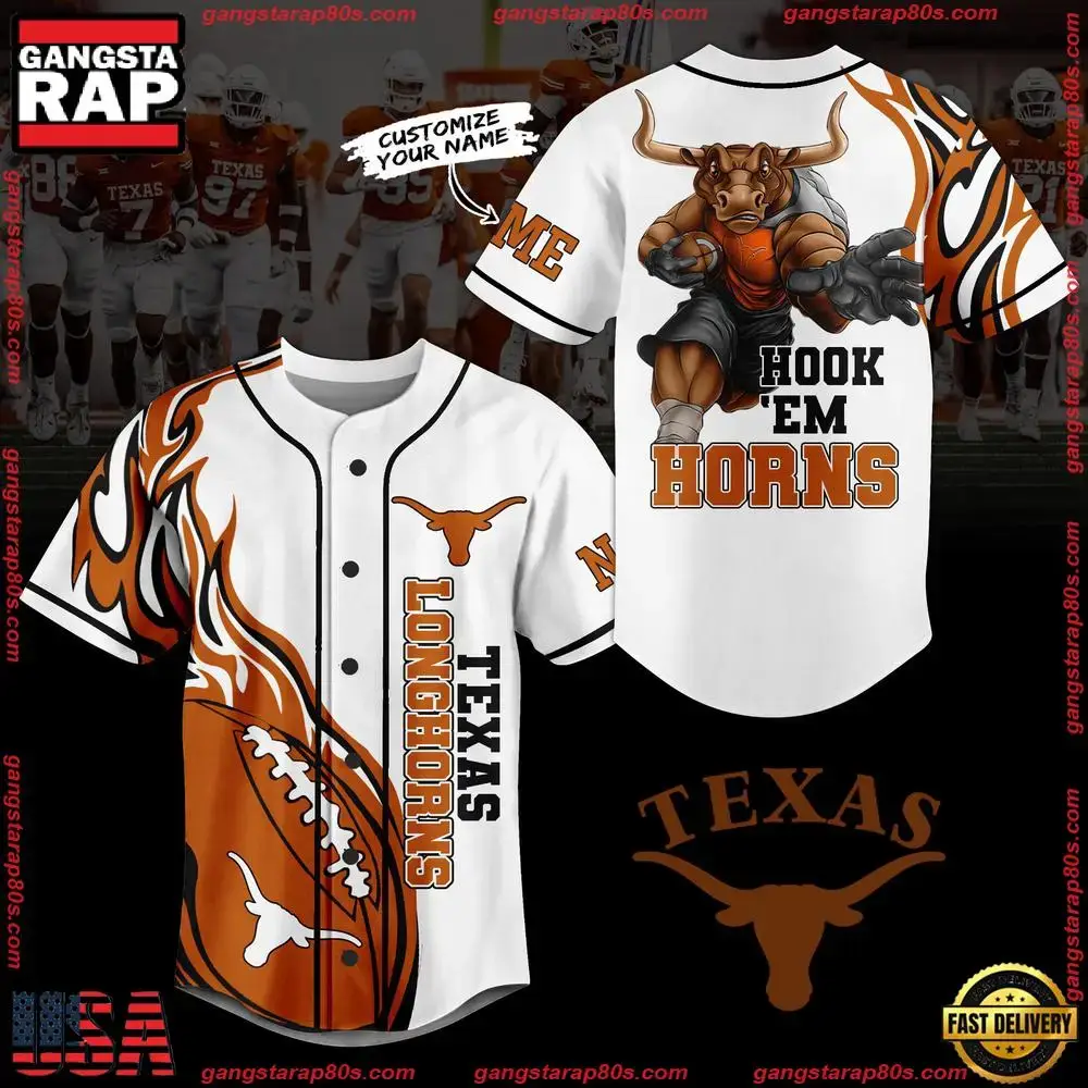 NCAA Custom Name Texans Longhorns Hook'em Horns New Design Baseball Jersey Image