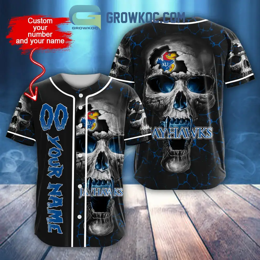 NCAA Kansas Jayhawks Personalized Skull Design Baseball Jersey Image