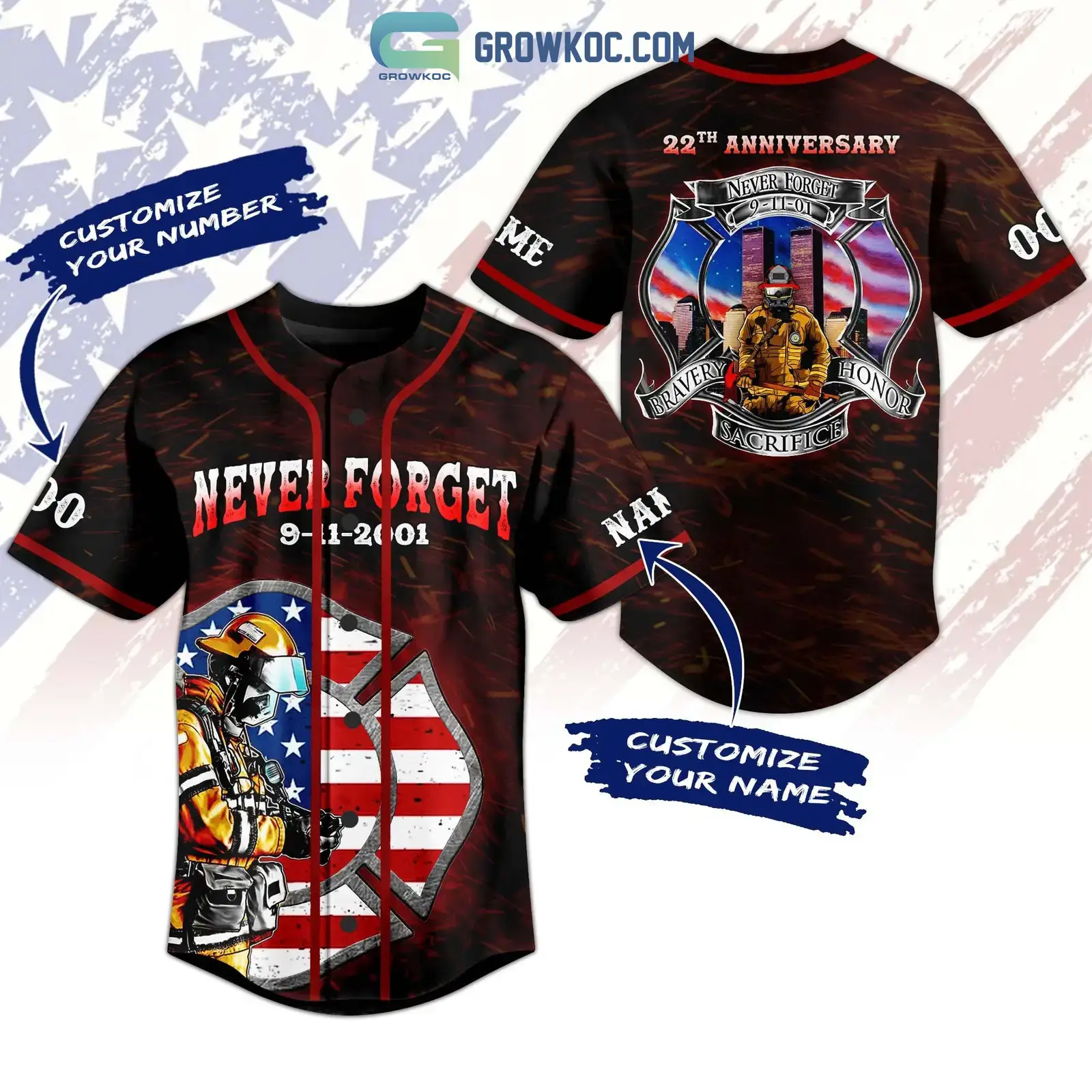 Never Forget 9 11 2001 22th Anniversary Bravery Honor Sacrifice Personalized Baseball Jersey Image