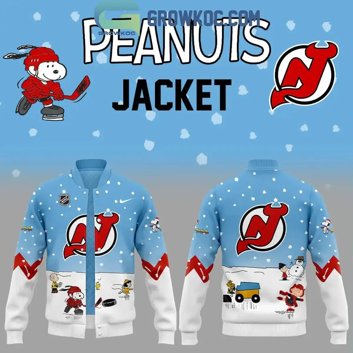 New Jersey Devils Snoopy Celebrating Peanuts Winter Break 2024 Baseball Jacket Image