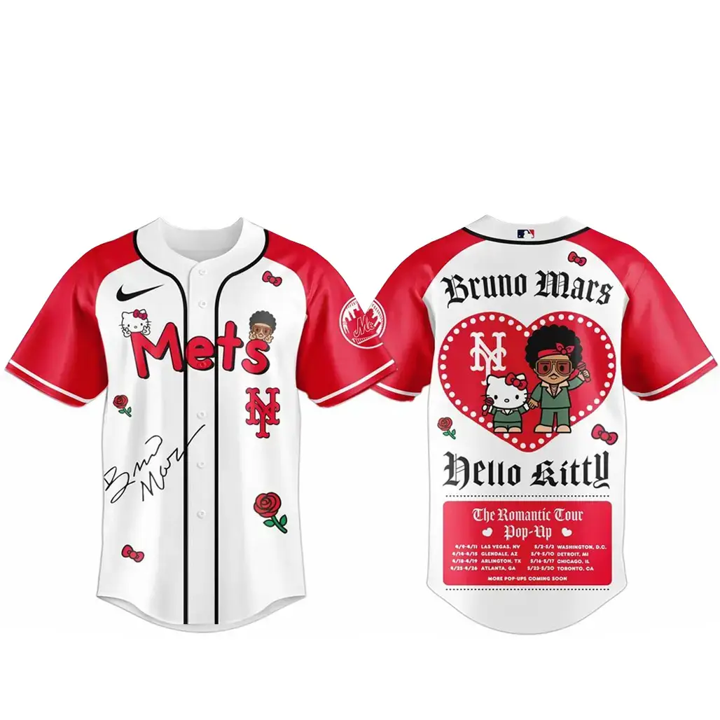 New York Mets Bruno Mars x Hello Kitty 2026 The Romantic Tour Baseball Jersey Image