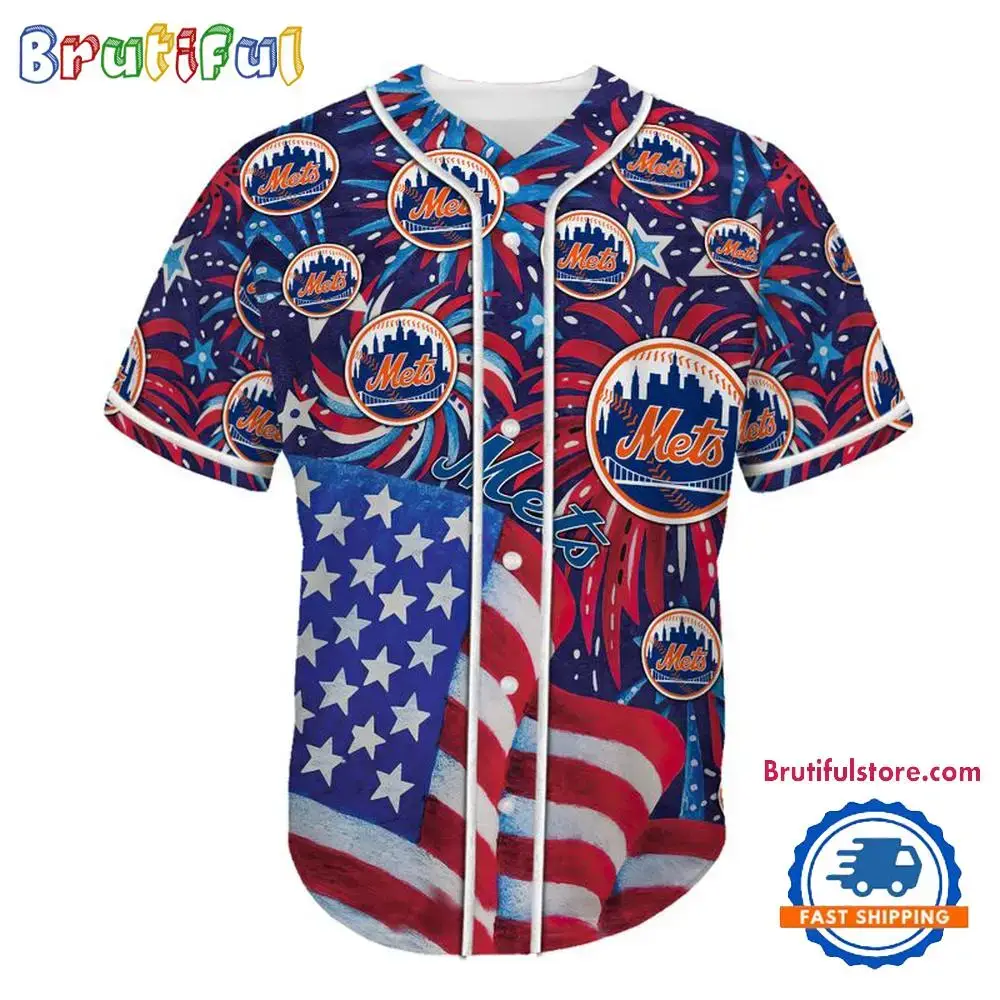 New York Mets USA Flag Independence Day Baseball Jersey, Sport Team 4th of July Jersey Image