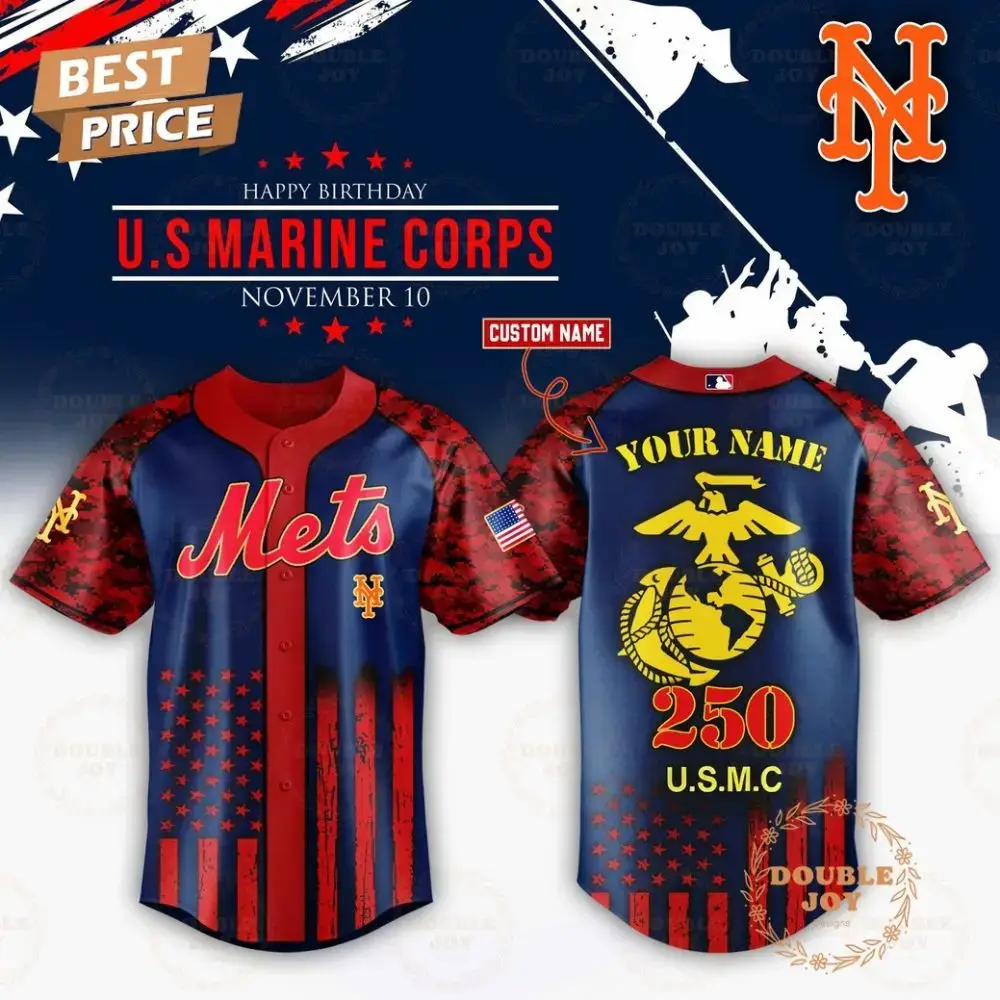 New York Mets X 250Th Happy Birthday Usmc Custom Name Baseball Jersey Image