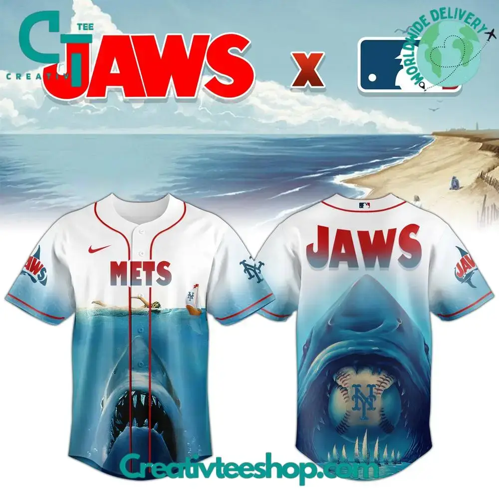 New York Mets X Jaws Movie 50Th Anniversary Special Baseball Jersey Image