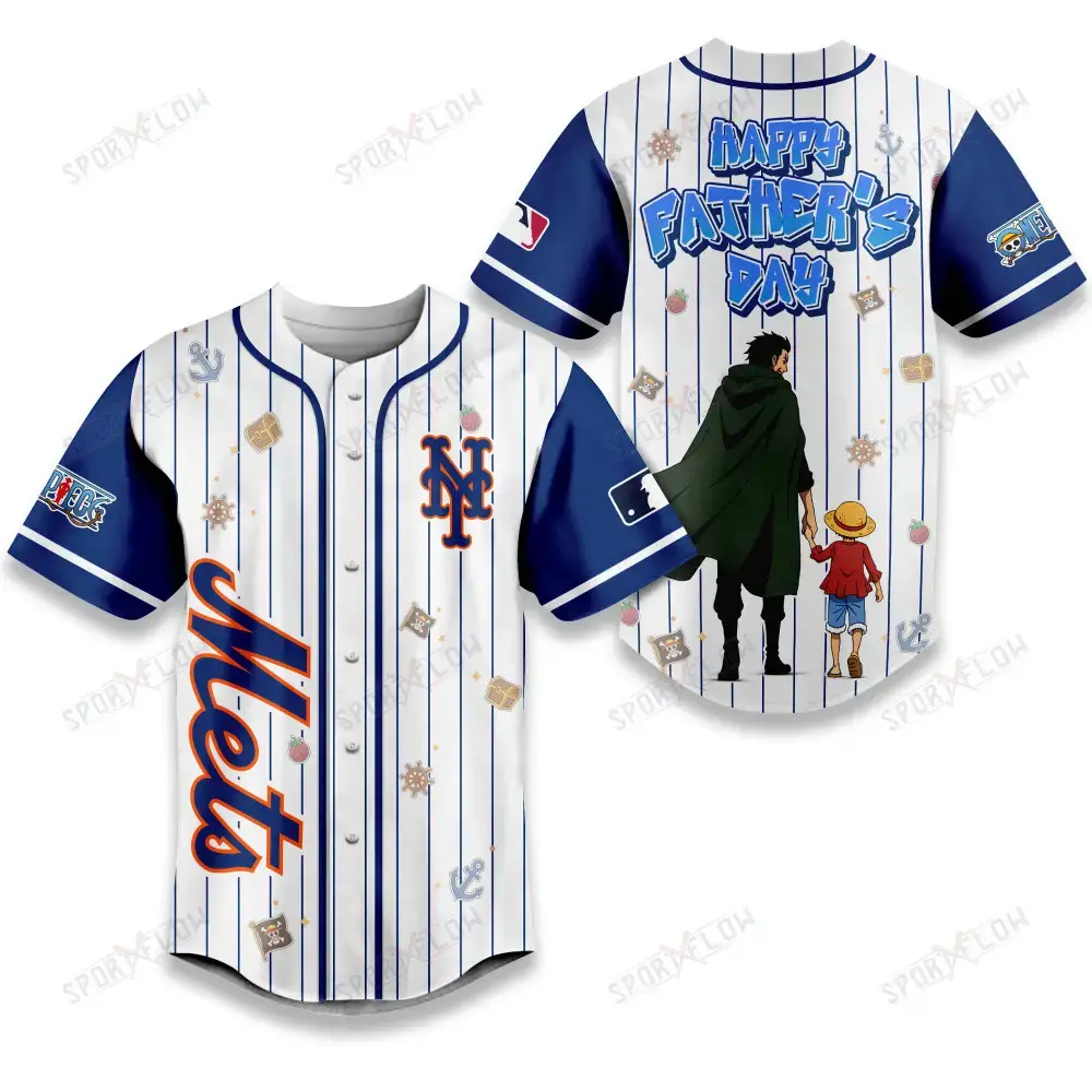 New York Mets X One Piece Dragon & Luffy Dad Baseball Jersey Image