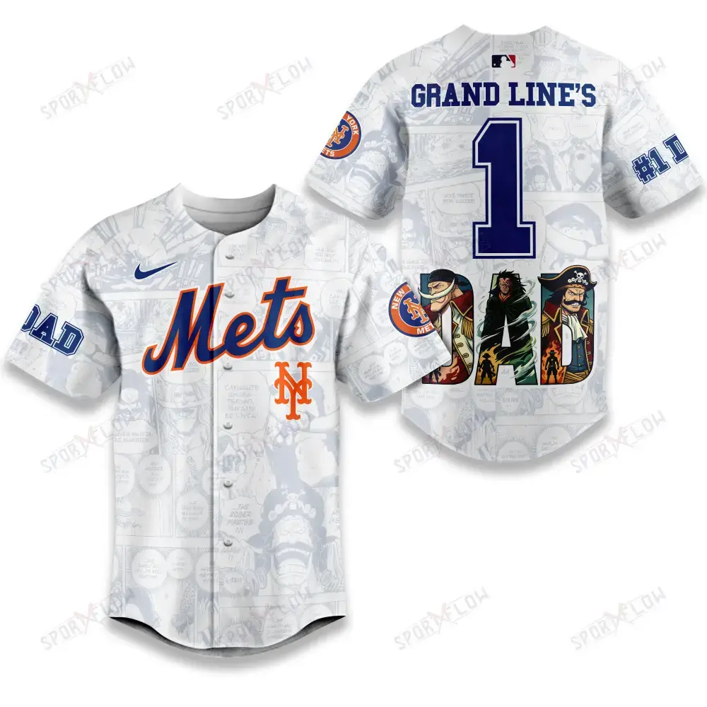 New York Mets X One Piece Grand Line'S #1 Dad Custom Baseball Jersey Image