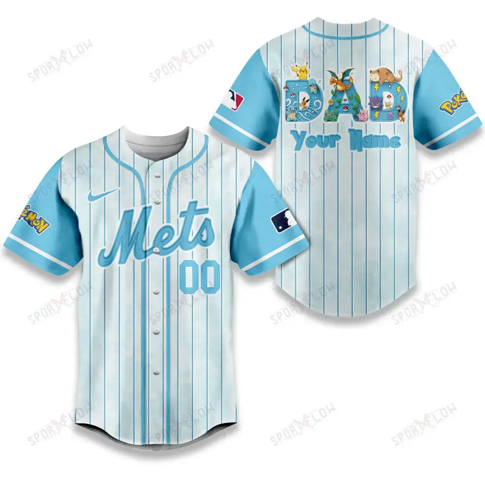 New York Mets X Pokemon Dad Pastel Blue Baseball Jersey Image