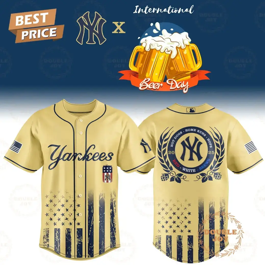 New York Yankees International Beer Day "Hot Dogs-Home Runs-Hops" 2025 Red-White-Brews Limited Edition Baseball Jersey Image