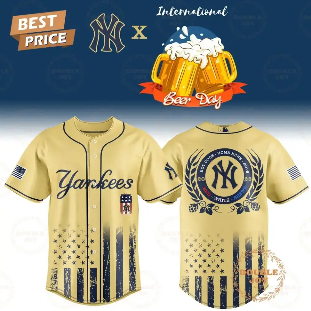 New York Yankees International Beer Day "Hot Dogs-Home Runs-Hops" 2025 Red-White-Brews Limited Edition Baseball Jersey Image