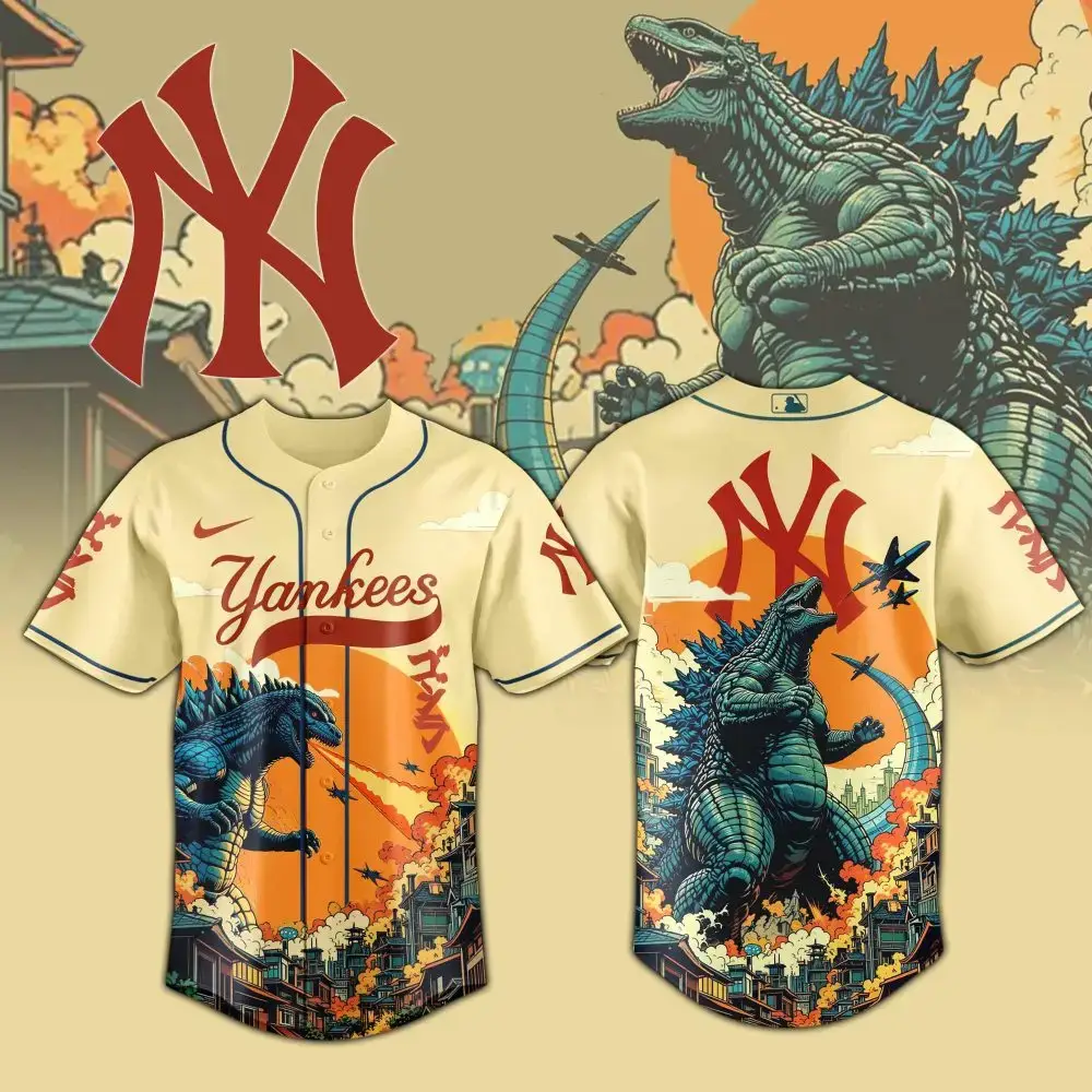 New York Yankees Mlb X Godzilla Attack Custom Baseball Jersey Image