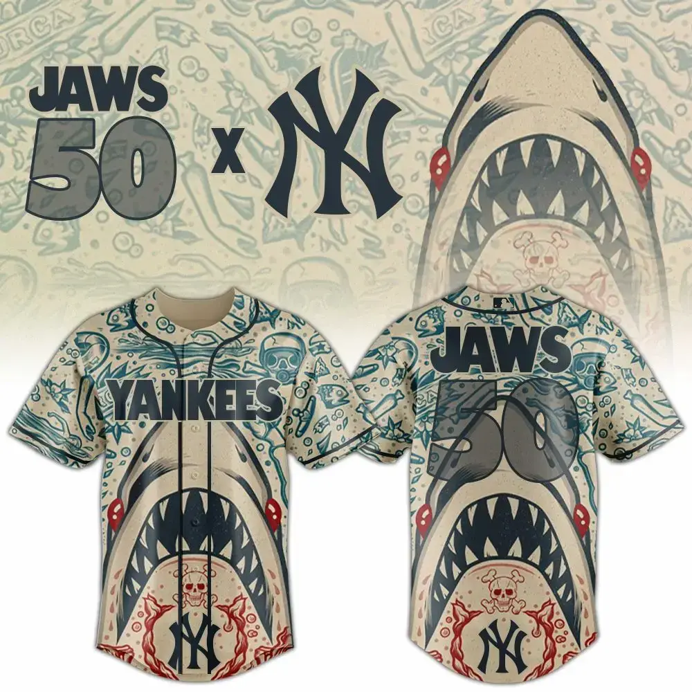 New York Yankees Mlb X Jaws 50Th Anniversary Custom Baseball Jersey Image