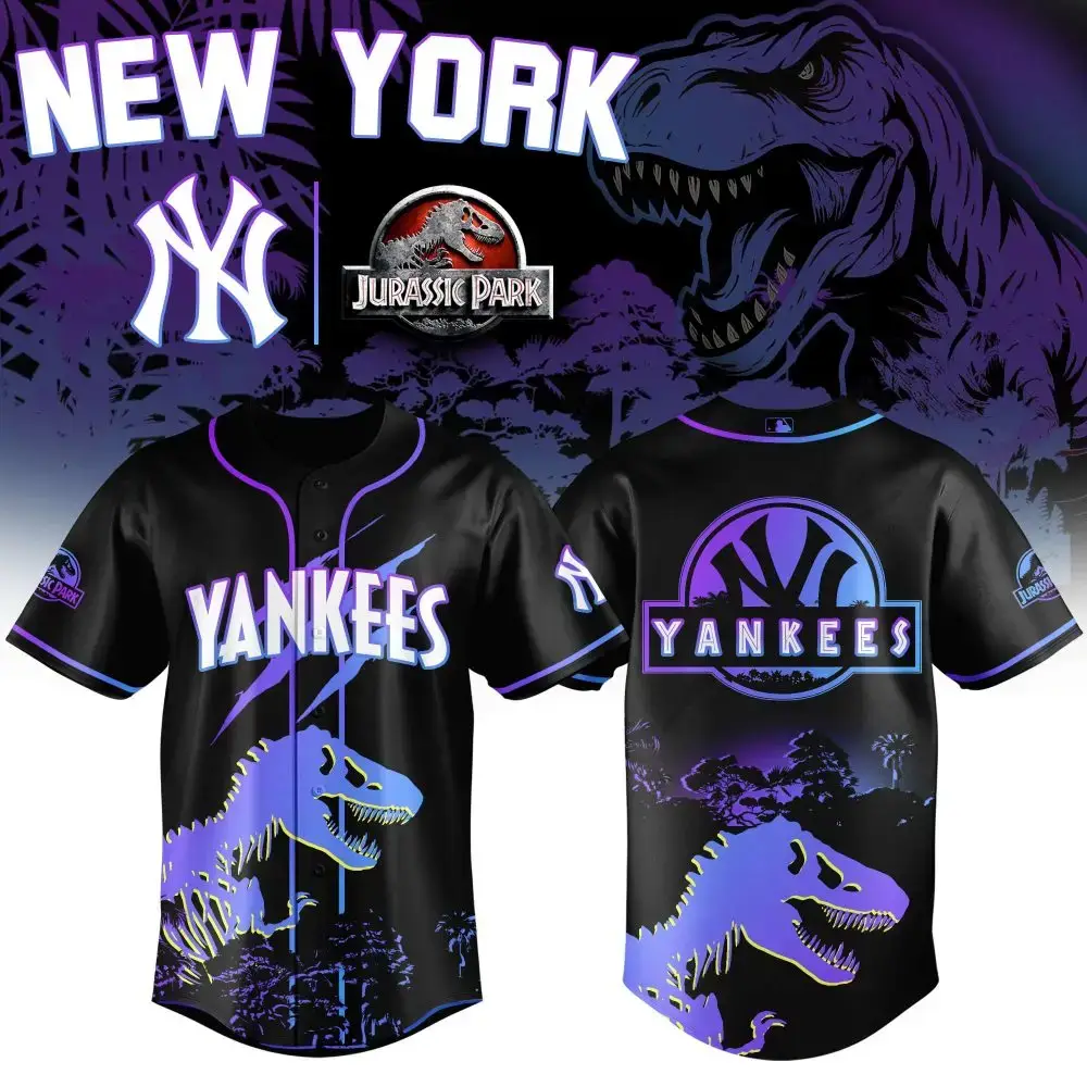 New York Yankees Mlb X Jurassic World Prehistoric Night Custom Baseball Jersey Image