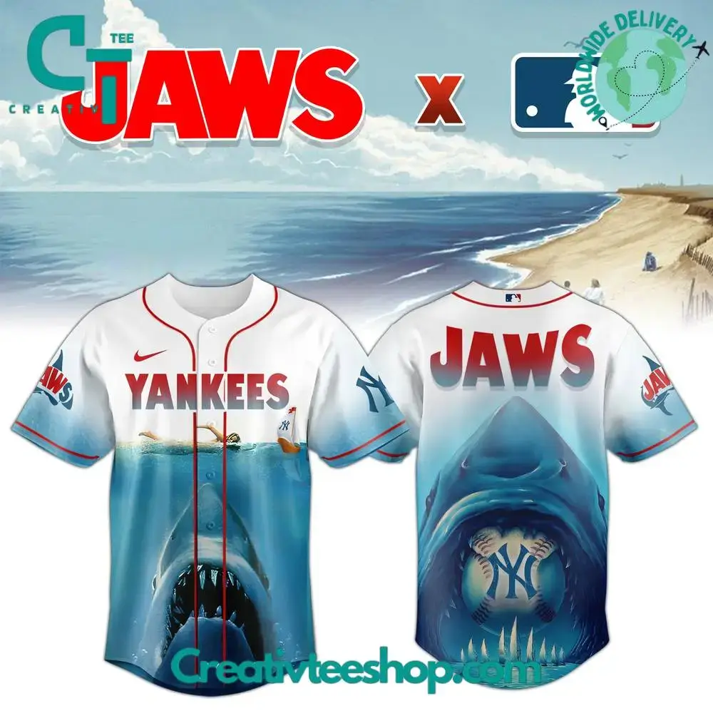 New York Yankees X Jaws Movie 50Th Anniversary Special Baseball Jersey Image