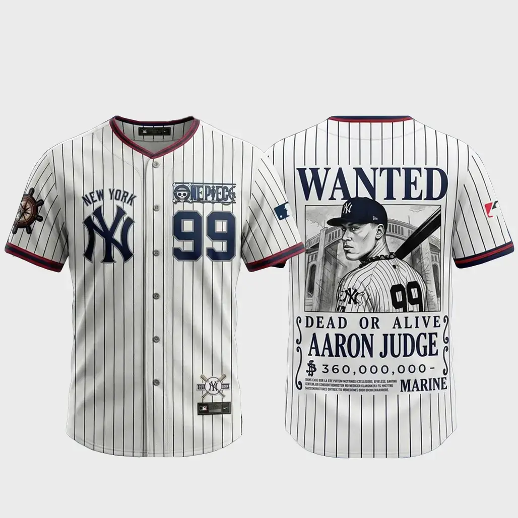 New York Yankees x One Piece 2026 Wanted Aaron Judge Bounty Hunter Baseball Jersey Image