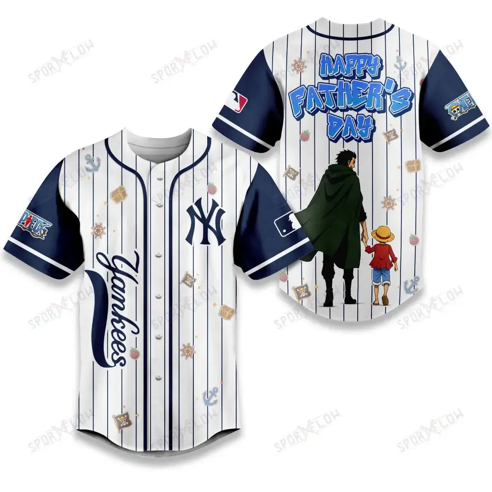 New York Yankees X One Piece Dragon & Luffy Dad Baseball Jersey Image