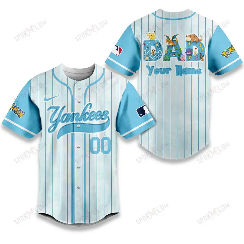 New York Yankees X Pokemon Dad Pastel Blue Baseball Jersey Image