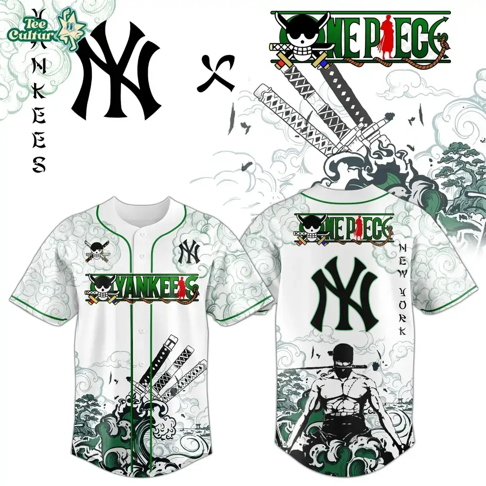 New York Yankees x Zoro Ronin Emerald Wave Anime Baseball Jersey Image