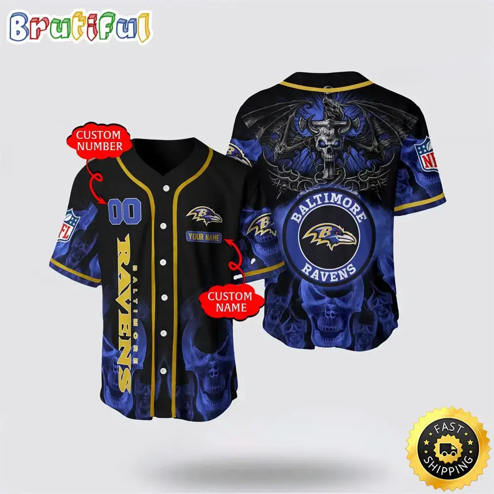 NFL Baltimore Ravens Baseball Jersey 3D Personalized Skull Customization Options Available Image