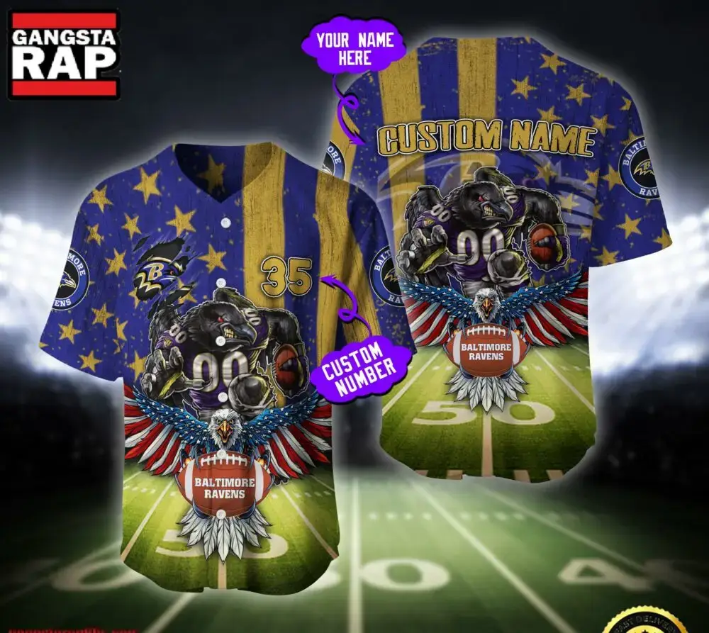 NFL Baltimore Ravens Eagle US Flag x Veterans Custom Name Number Baseball Jersey Shirt Image