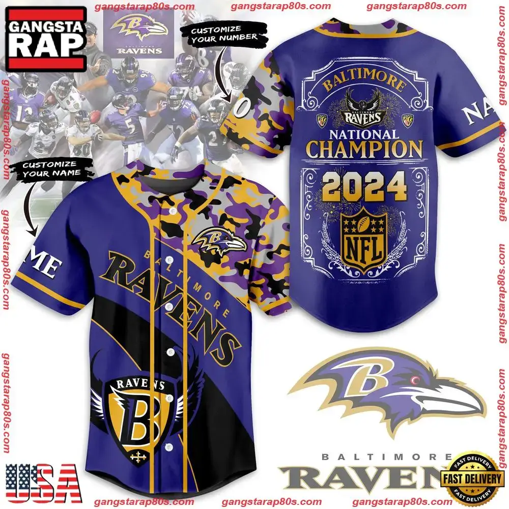 NFL Baltimore Ravens National Champion Custom Name Number Baseball Jersey Image