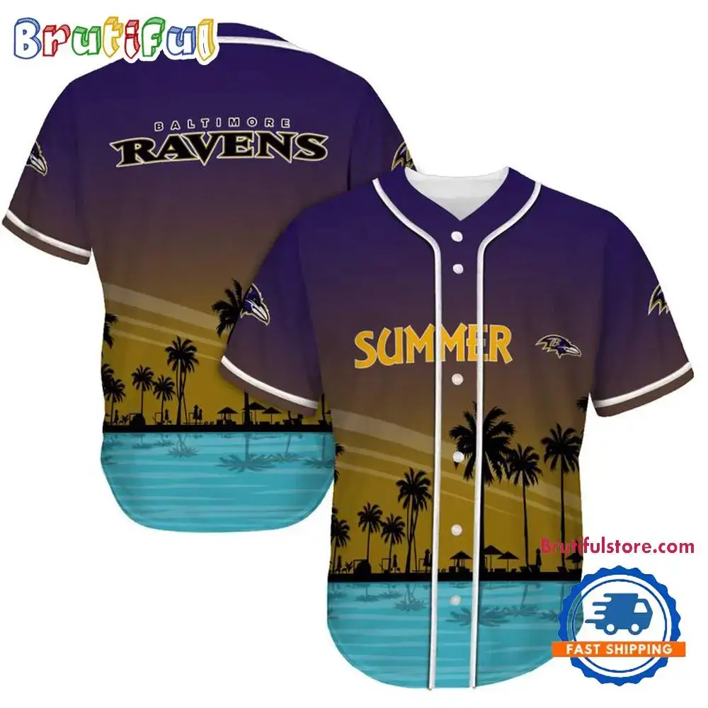 NFL Baltimore Ravens Palm Trees Summer On The Beach Baseball Jersey Image