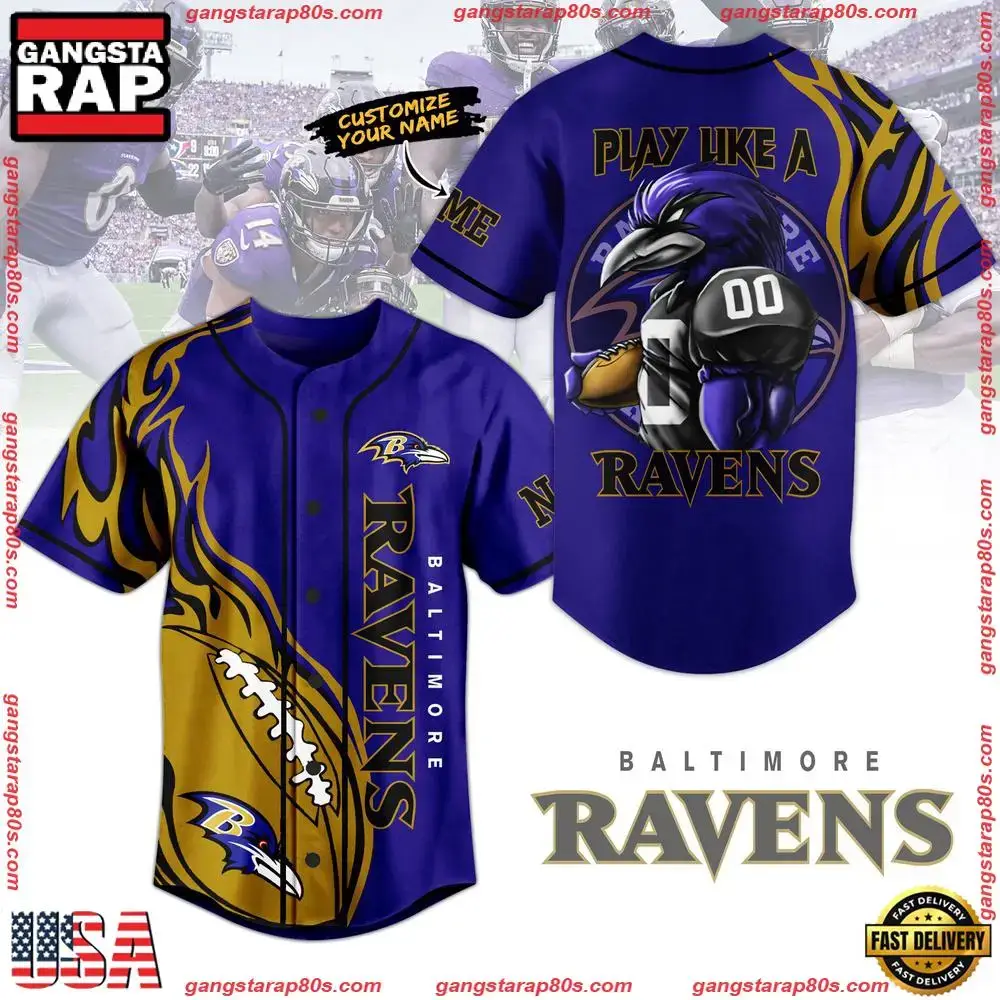 NFL Baltimore Ravens Play Like A Ravens Custom Name Baseball Jersey Image