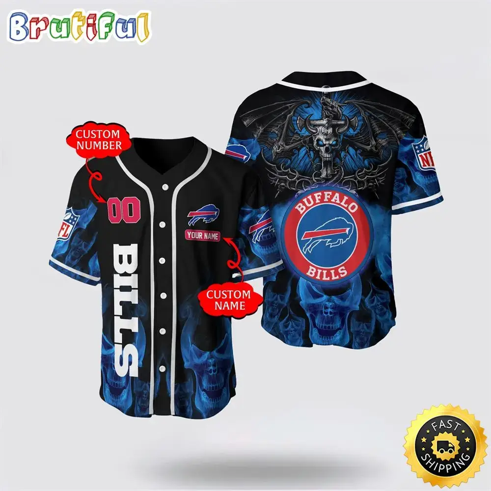 NFL Buffalo Bills Baseball Jersey 3D Personalized Skull Customization Options Available Image