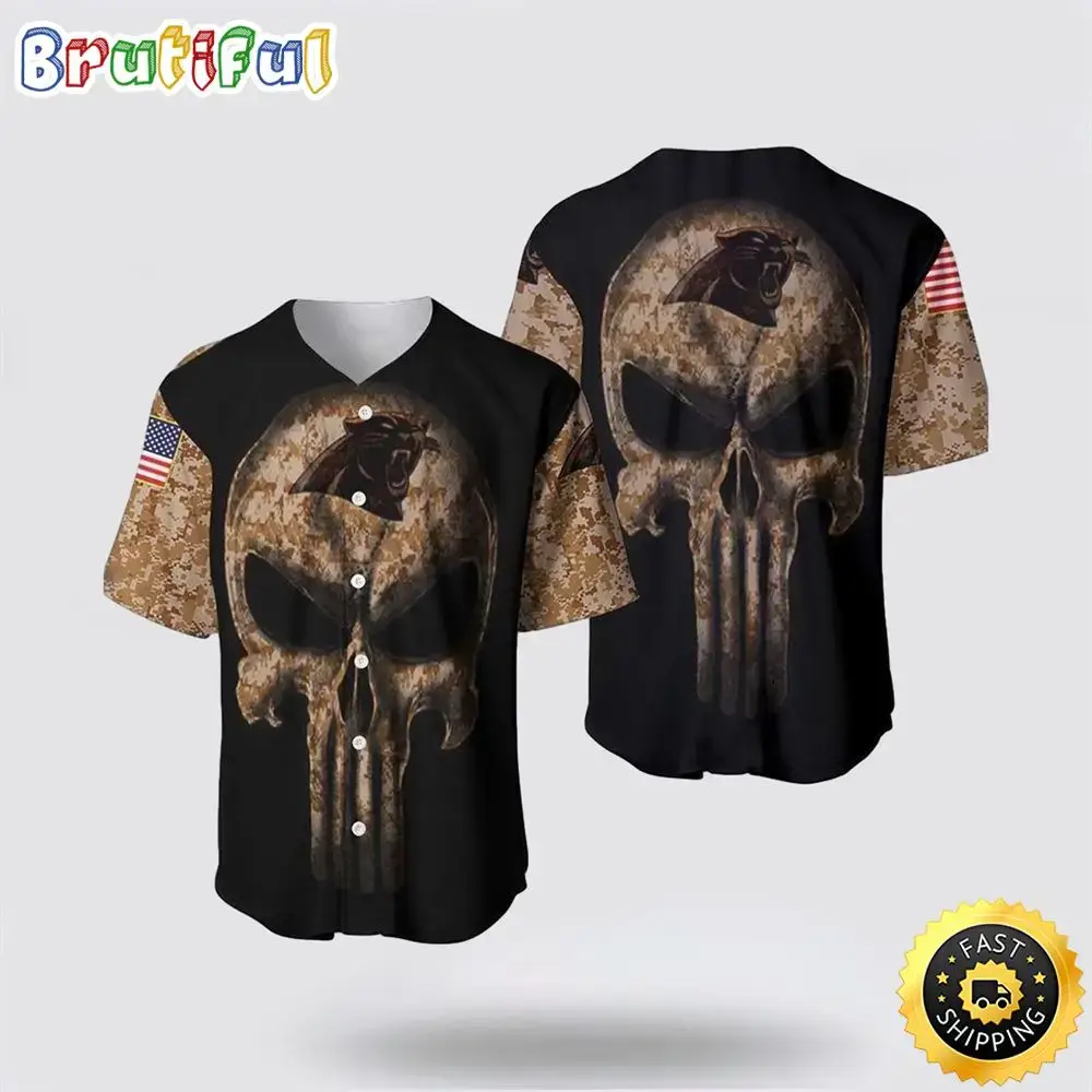 NFL Carolina Panthers Baseball Jersey Camouflage Skull Summer Gift For Fans Image