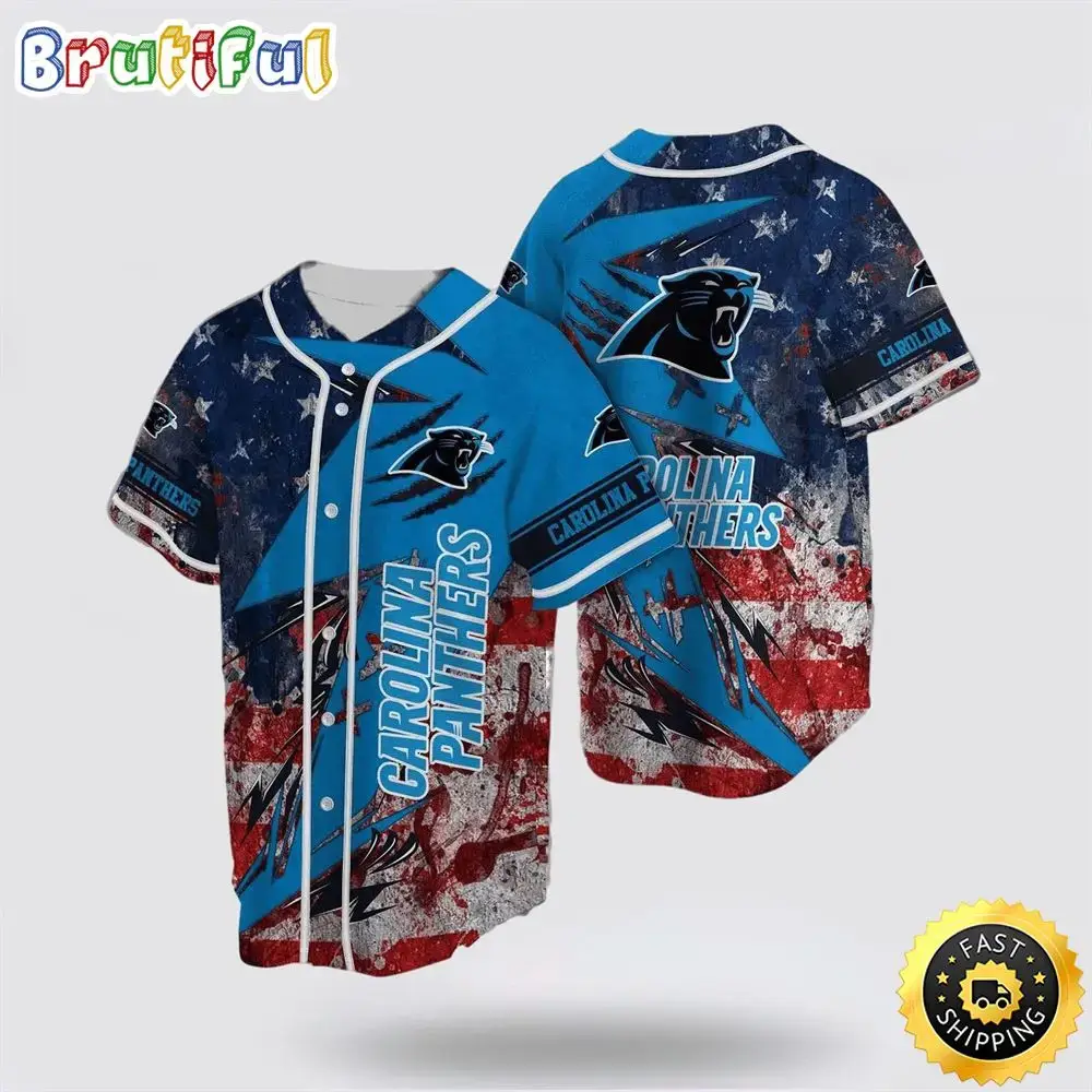 NFL Carolina Panthers Baseball Jersey Symbol American Flag Red Blue Jersey Shirt Image