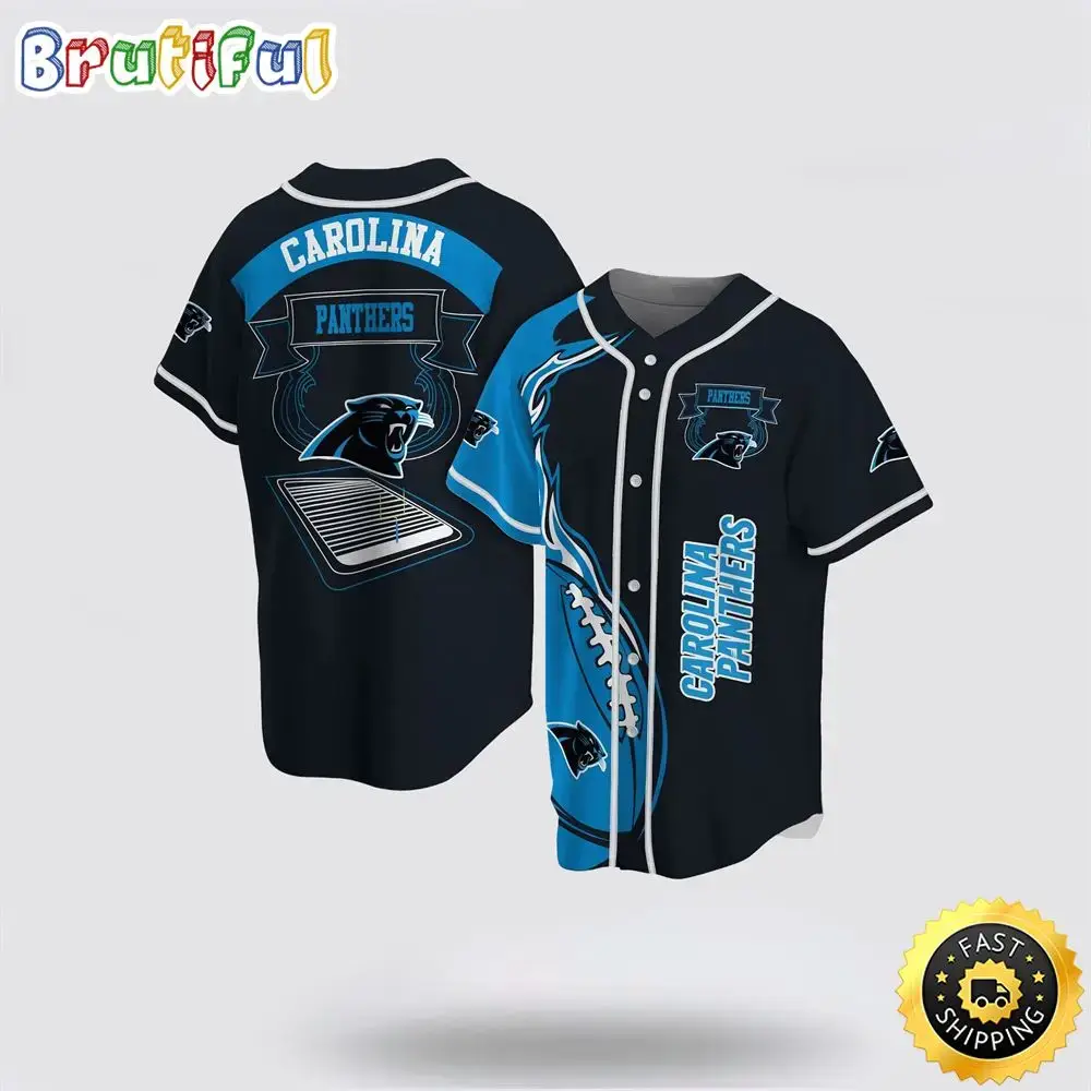 NFL Carolina Panthers Baseball Jersey Symbol Fire Rugby Ball Graphic Black Blue Jersey Shirt Image