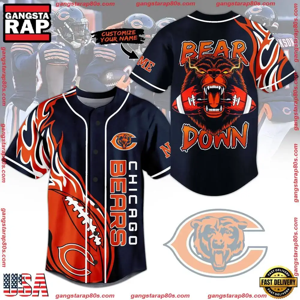 NFL Chicago Bears Mascot Crazy Down Custom Name Baseball Jersey Image
